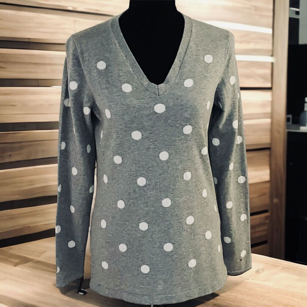 TOMMY HILFIGER Women’s Gray Polka Dot-V Neck-Long Sleeve Sz/ S